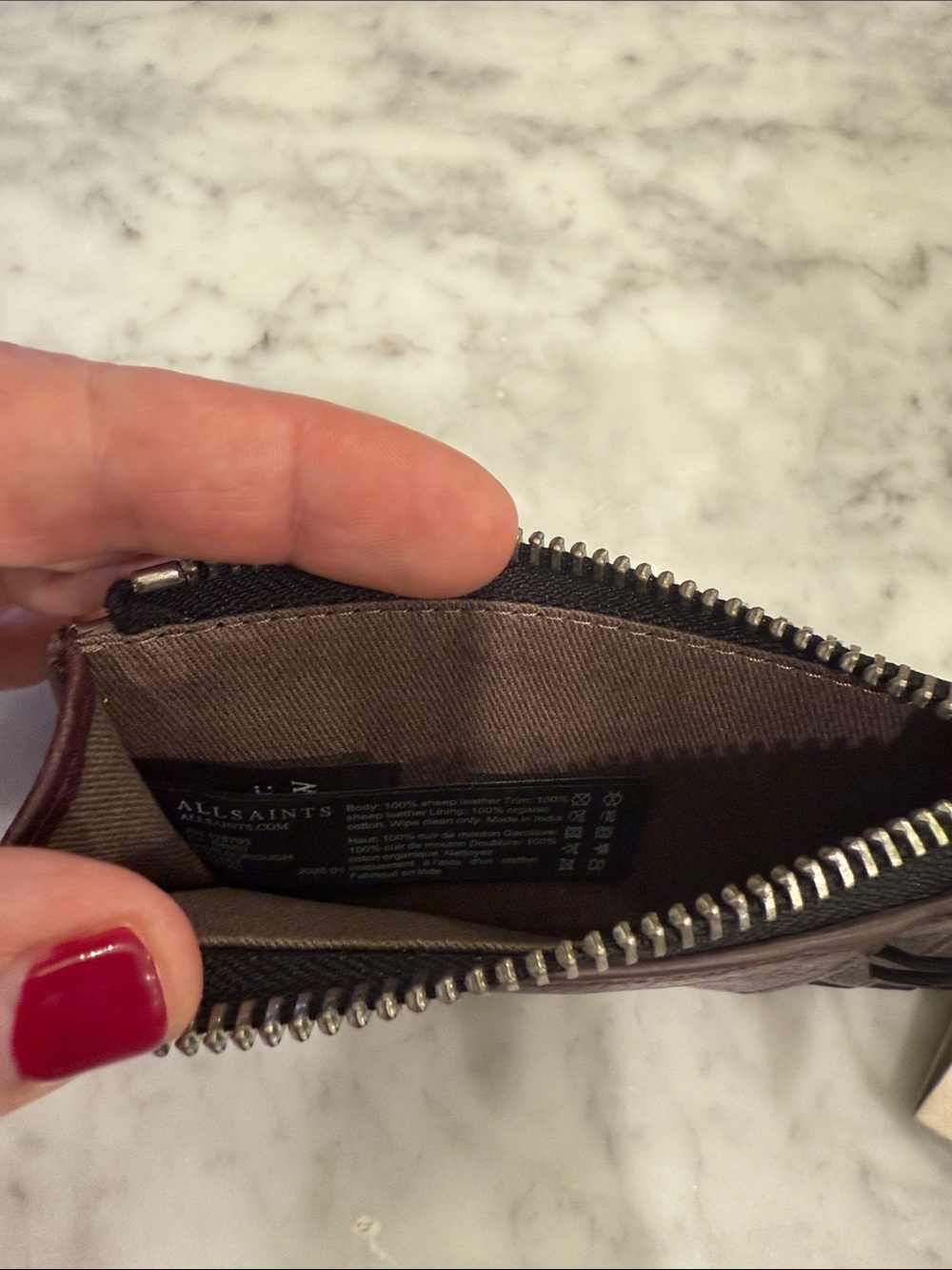 AllSaints Deep Burgundy Leather Zip Card Wallet - Picture 5 of 5